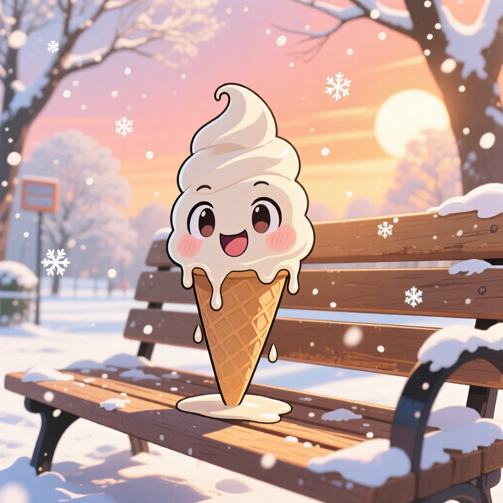 Low-angle shot looking up of a giggling scoop of ice cream, melting playfully in the summer sun, in a sunny park bench, during a cozy winter snowfall, illuminated by soft golden-hour sunlight, radiating brave confidence.