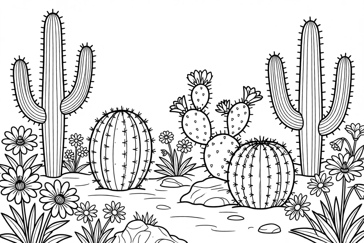 A cactus garden blooming with bright desert flowers