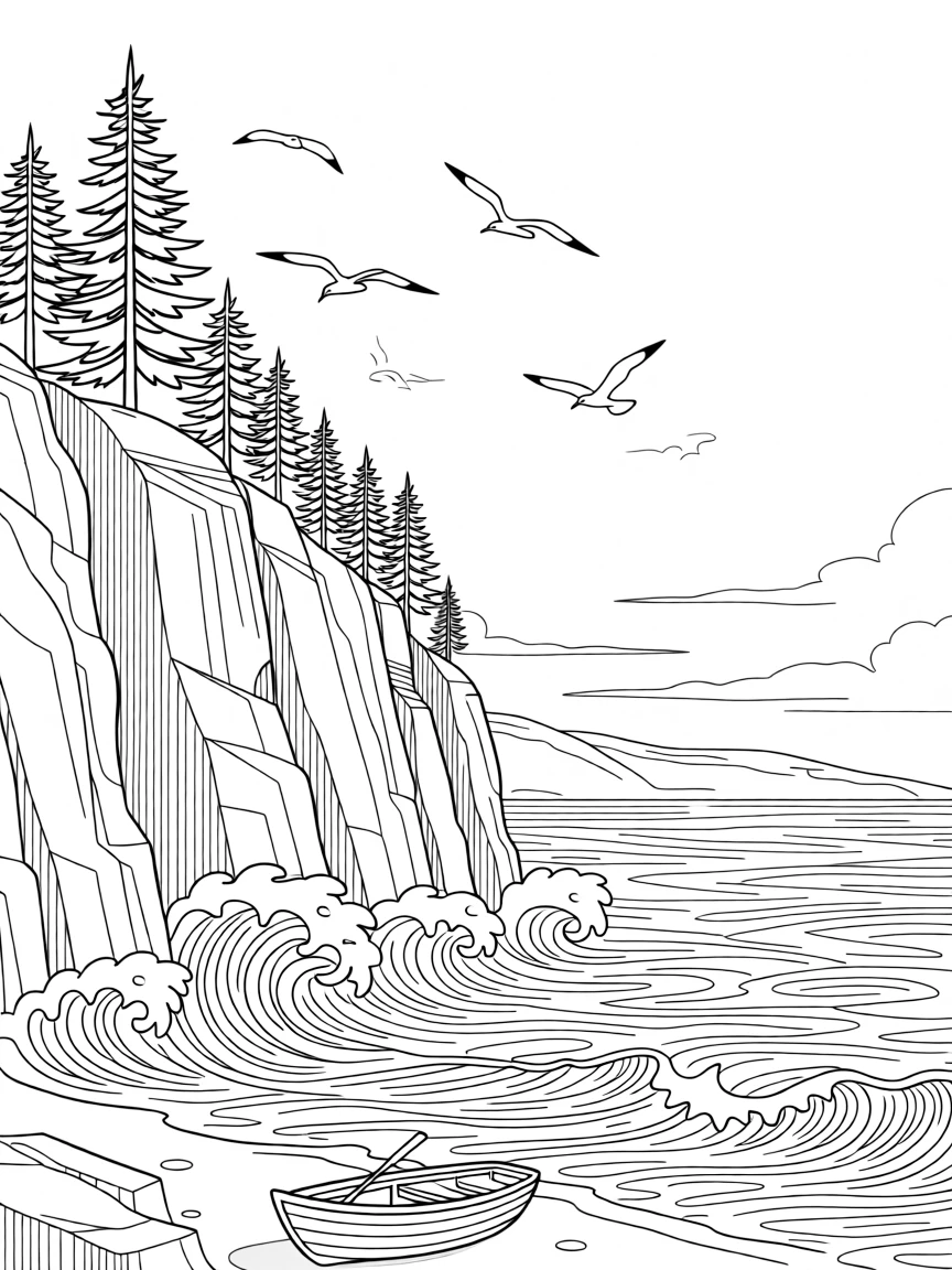 A rocky coastline with waves crashing below cliffs, with birds circling high above the treetops.