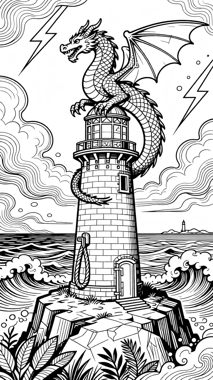 A dragon perched atop a lighthouse during a stormy night.