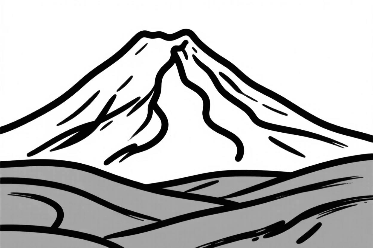 A snow-capped volcano rising above a lush green valley.