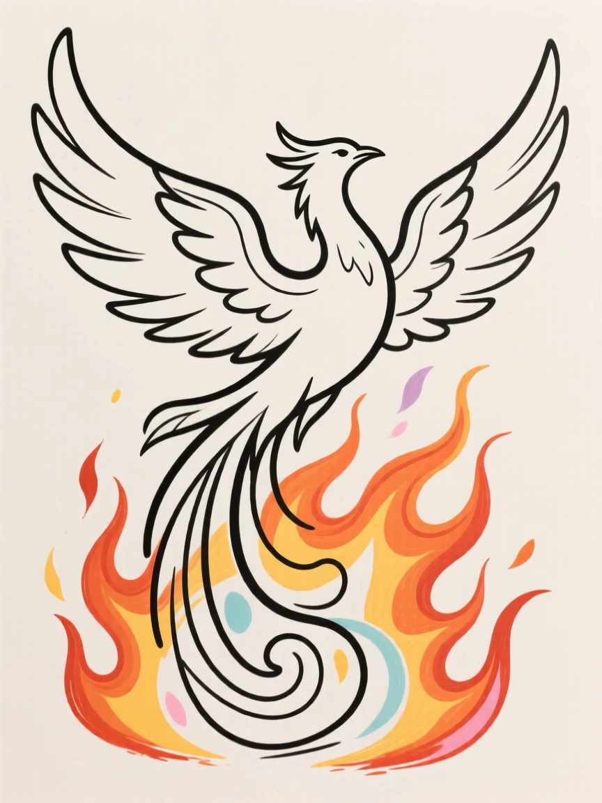 A phoenix rising from a burst of flames with wings spread wide.