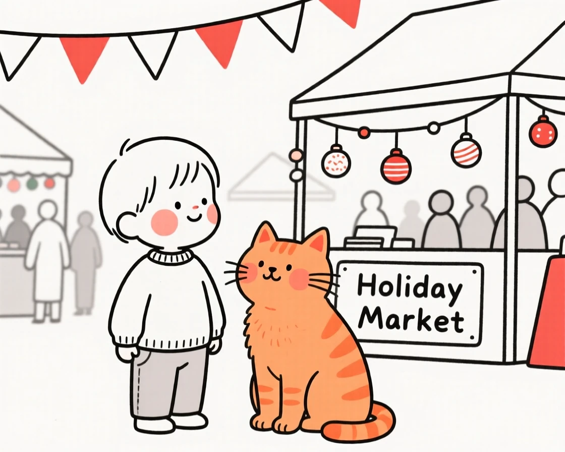 A toddler with a fluffy orange cat, gazing thoughtfully into the distance, at a bustling holiday market.