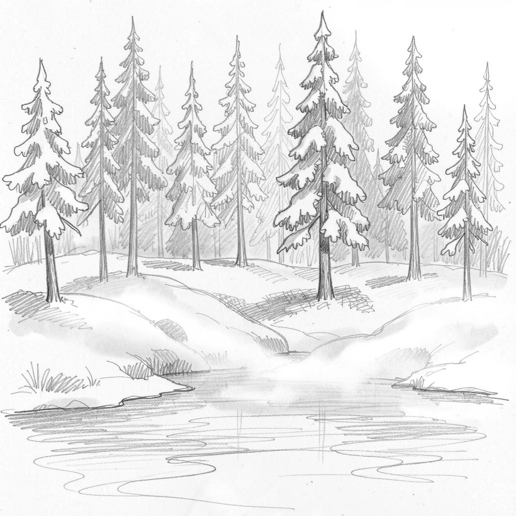 A pine forest after fresh snowfall, wrapped in soft morning mist, with mist curling low across the water.