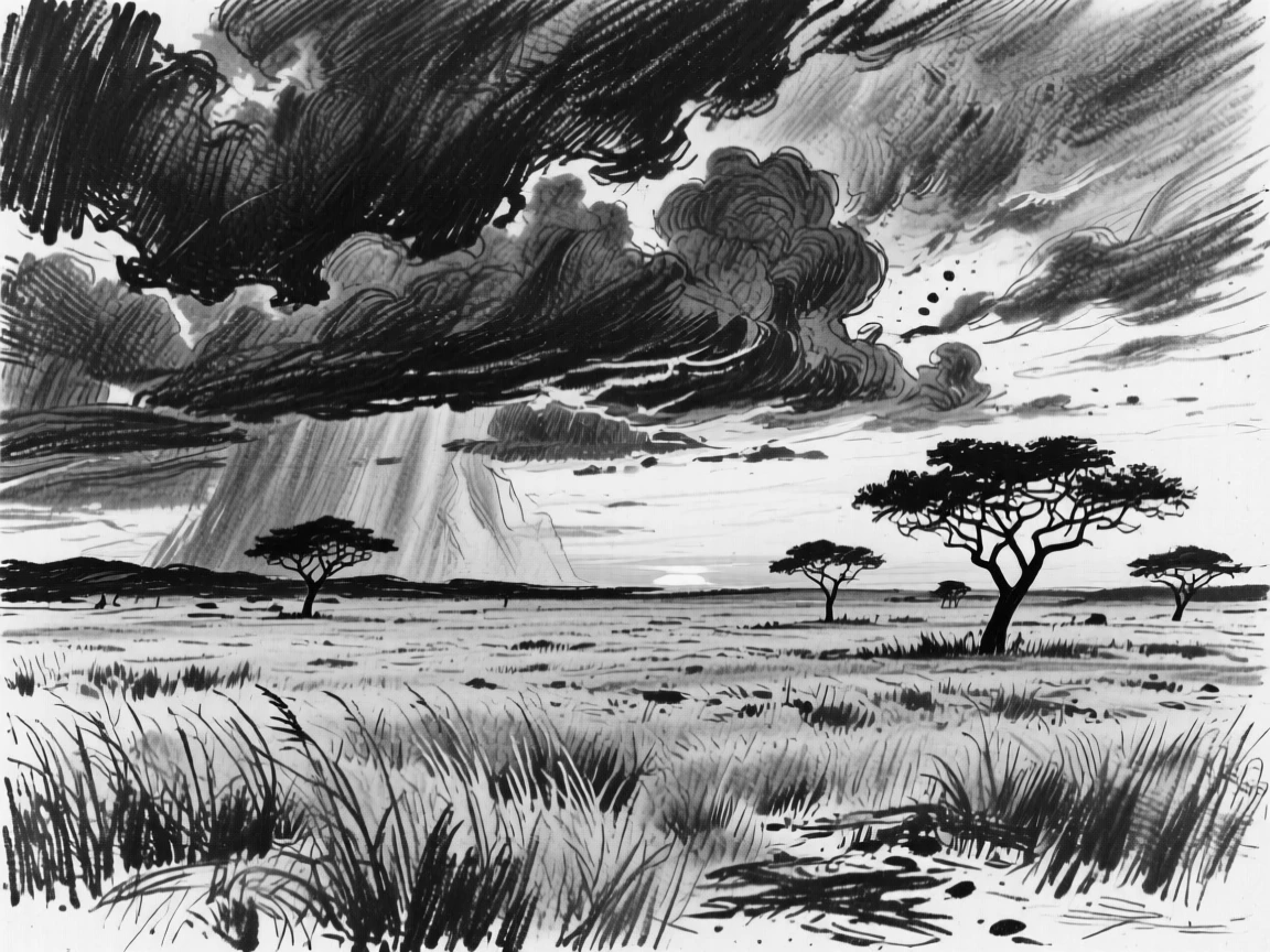 A sprawling savanna at sunset with dramatic storm clouds gathering on the horizon.