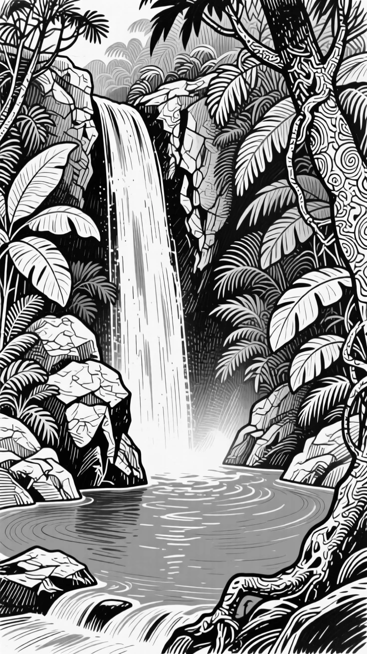 A dense jungle waterfall plunging into a hidden emerald pool.