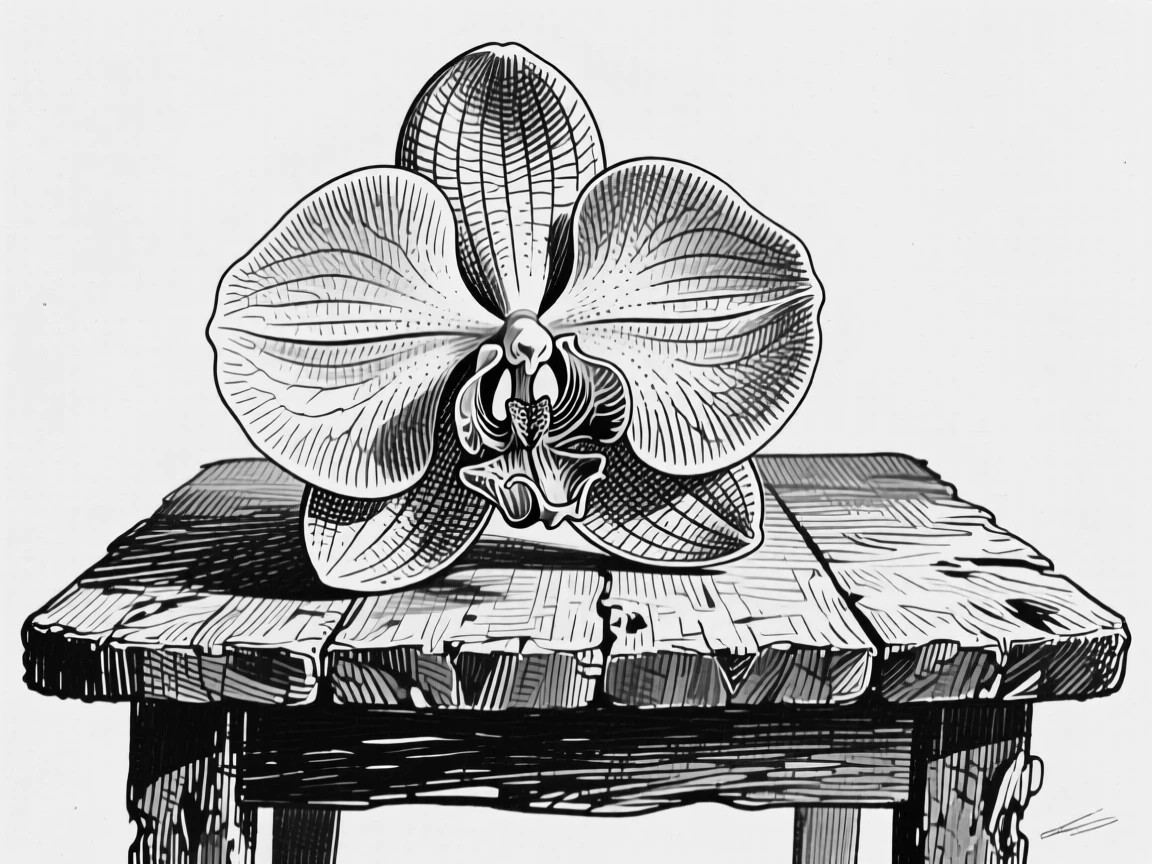 An orchid in full bloom set against a rustic wooden table, with the texture of each petal richly defined, composed in a quietly elegant still-life arrangement.
