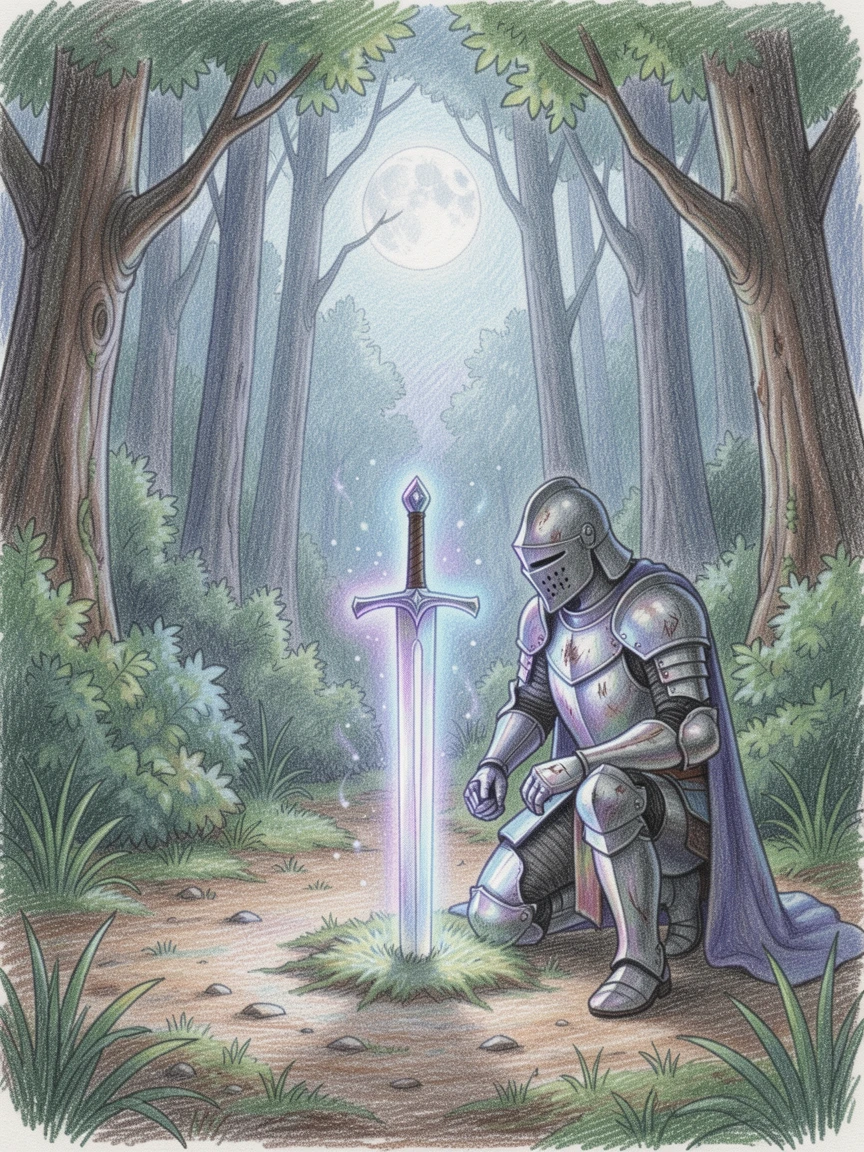 A knight kneeling before a glowing enchanted sword in a forest clearing, bathed in an otherworldly blend of moonlight and magic, full of mystery, beauty, and imaginative charm.