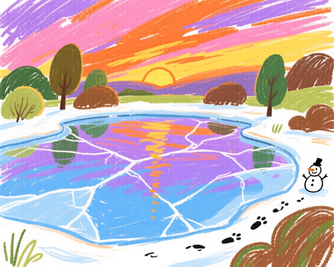 A view of a frozen pond reflecting the colors of a vivid sunset sky.