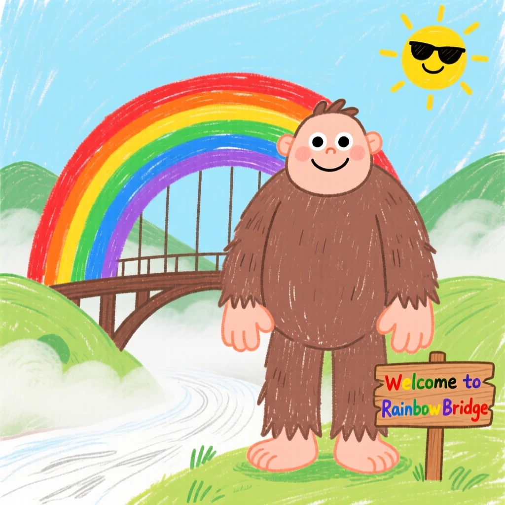 A kind giant with a gentle smile beside a rainbow bridge over a misty valley.