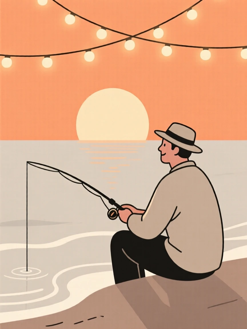 A portrait of a fisherman watching the sunset near warm string lights, filled with quiet joy.