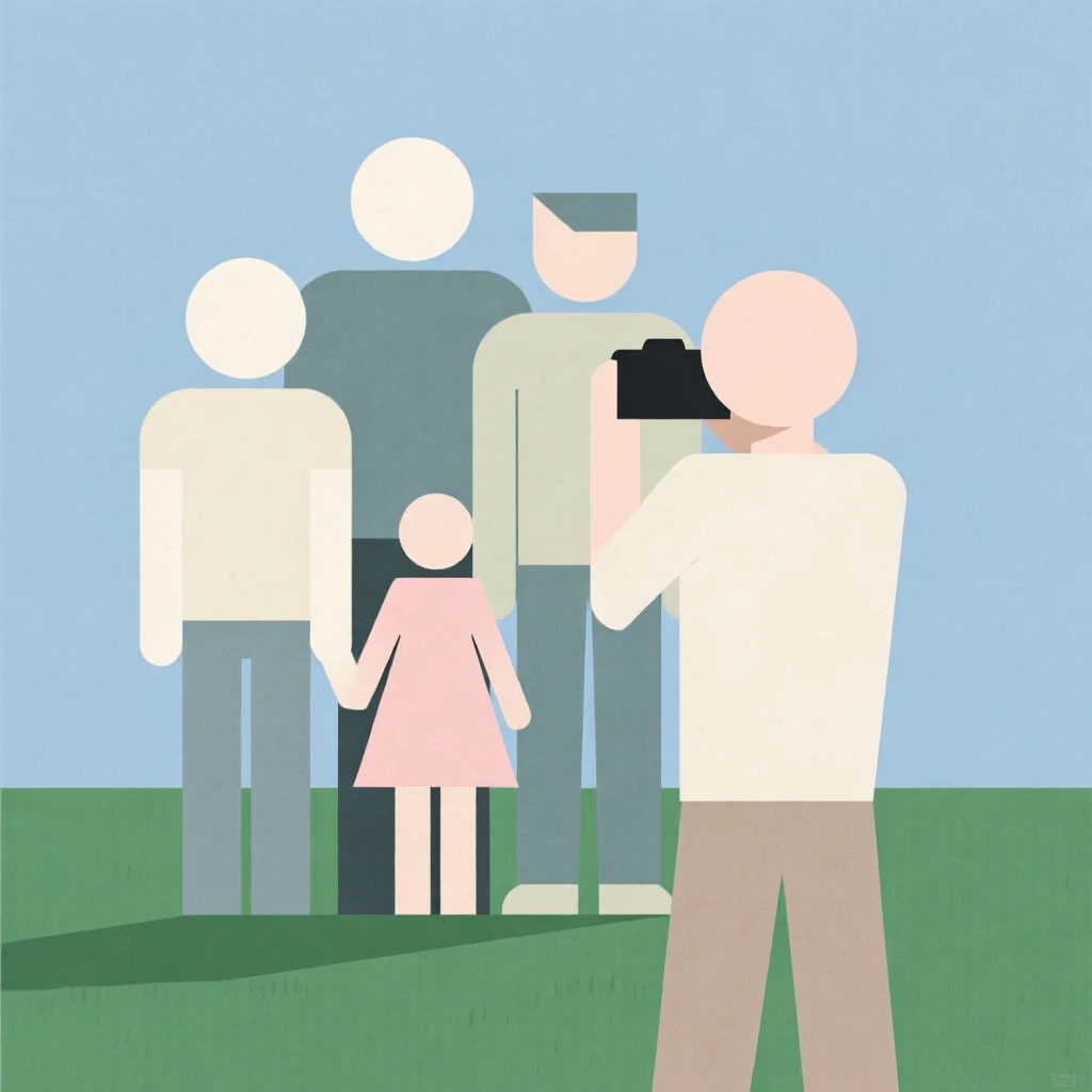 A family taking a group photo outdoors