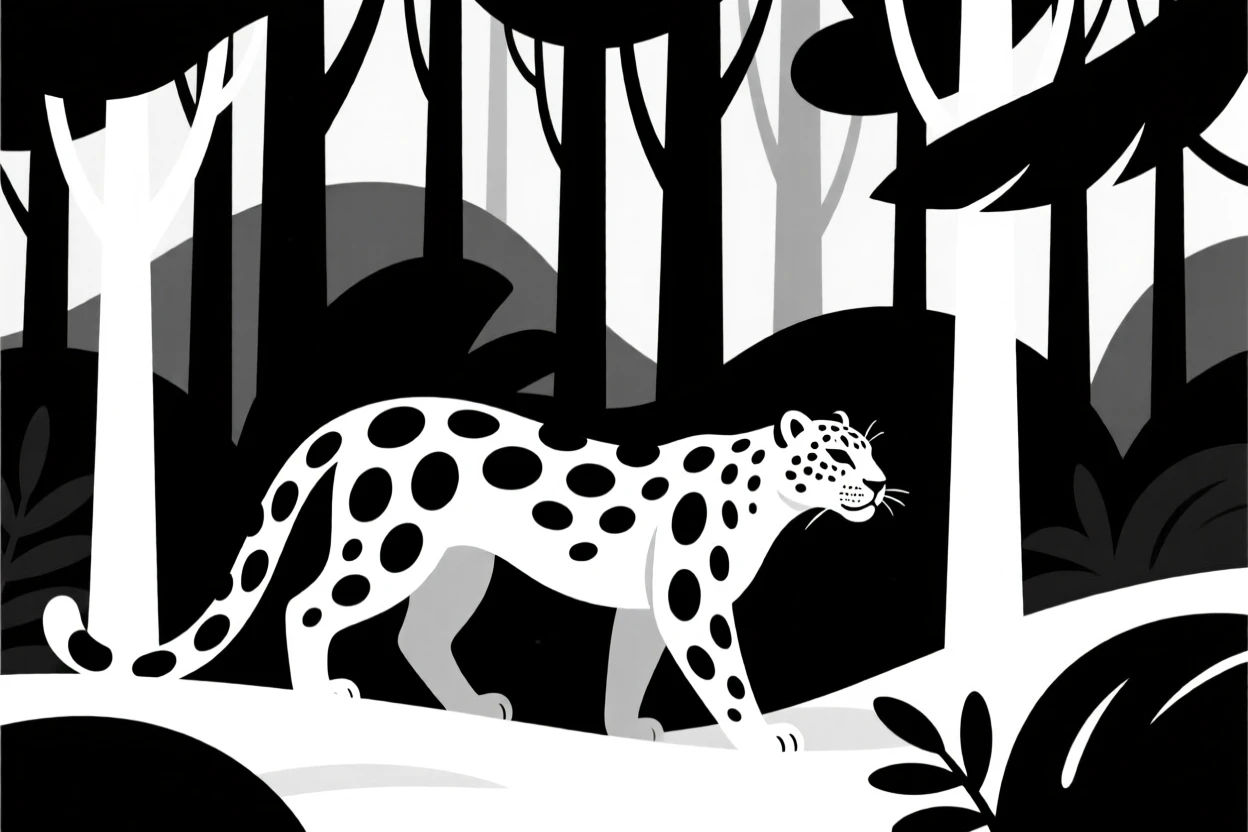 A snow leopard emerging from a dense forest.