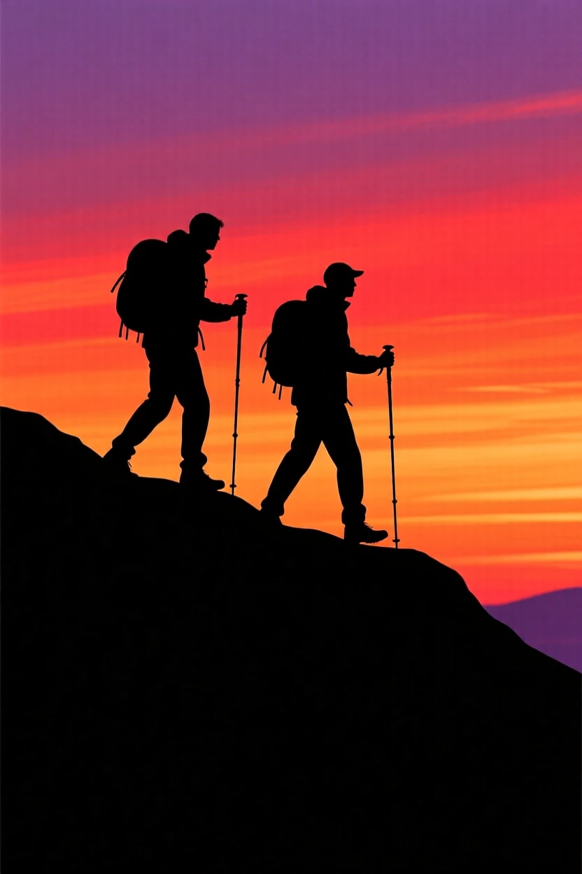 A pair of hikers silhouetted on a ridge line, walking sticks in hand.