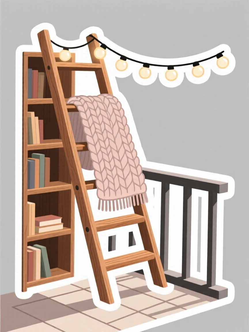 A homely bookshelf ladder, wrapped in a soft knitted throw, on a balcony with string lights above.