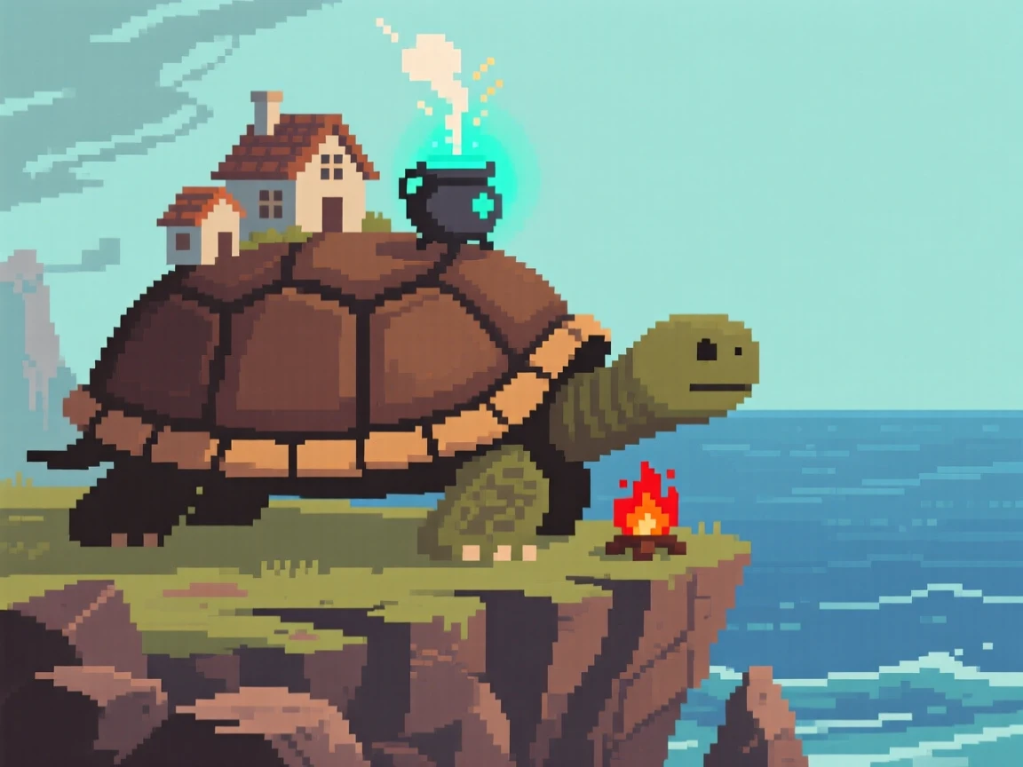 A giant turtle carrying a village on its shell brewing a glowing potion over a small fire, on a windswept cliff overlooking the sea.