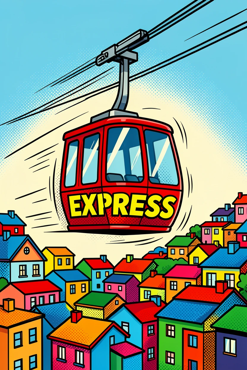 A cable car climbing above elaborate hillside neighborhoods