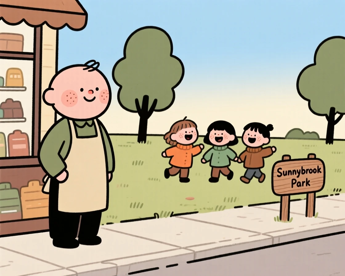 A busy shopkeeper pauses mid-commute to watch children laughing in a nearby park, a small smile crossing their face at the simple beauty of it.
