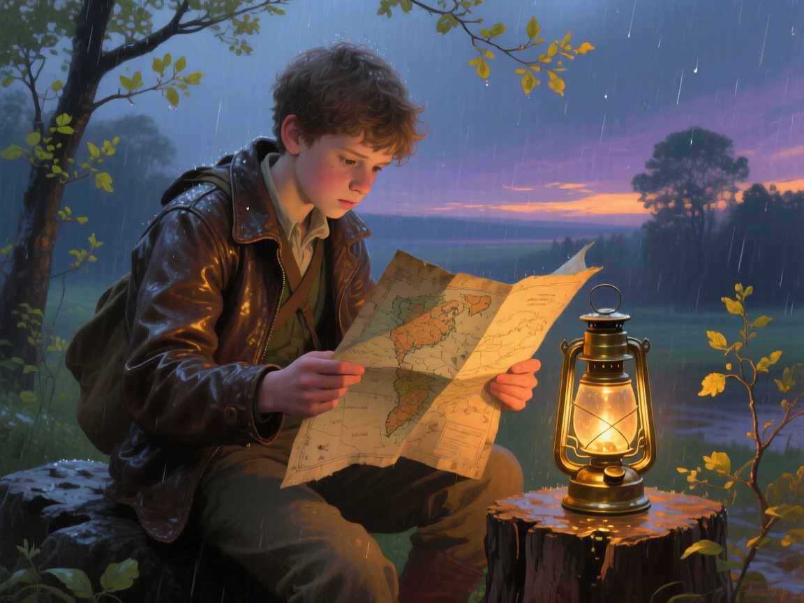 A balanced composition of a young explorer studying a worn map by lantern light, during a gentle spring shower, at dusk.