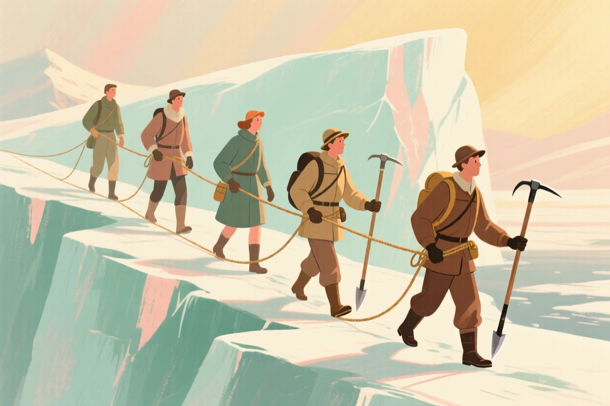 A group of explorers navigating an icy glacier by rope and pick