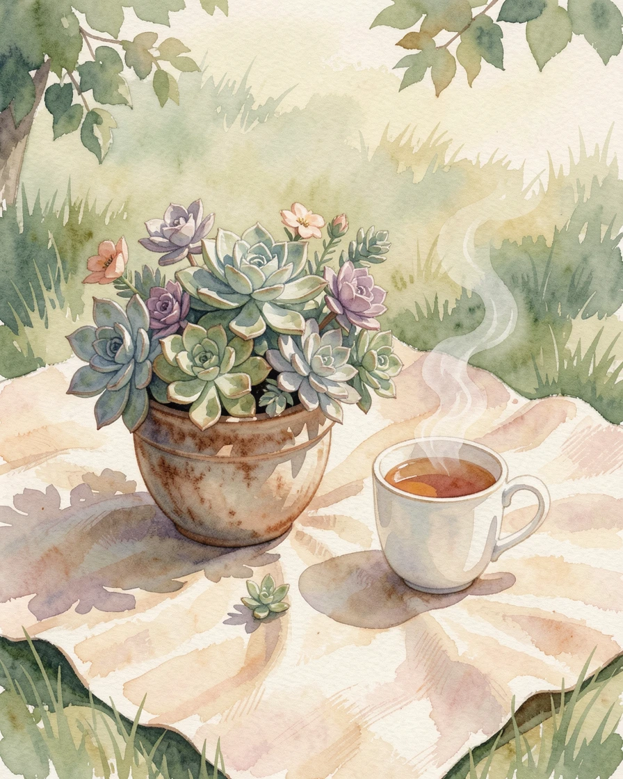 A pot of blooming succulents on a picnic blanket beside a cup of tea.