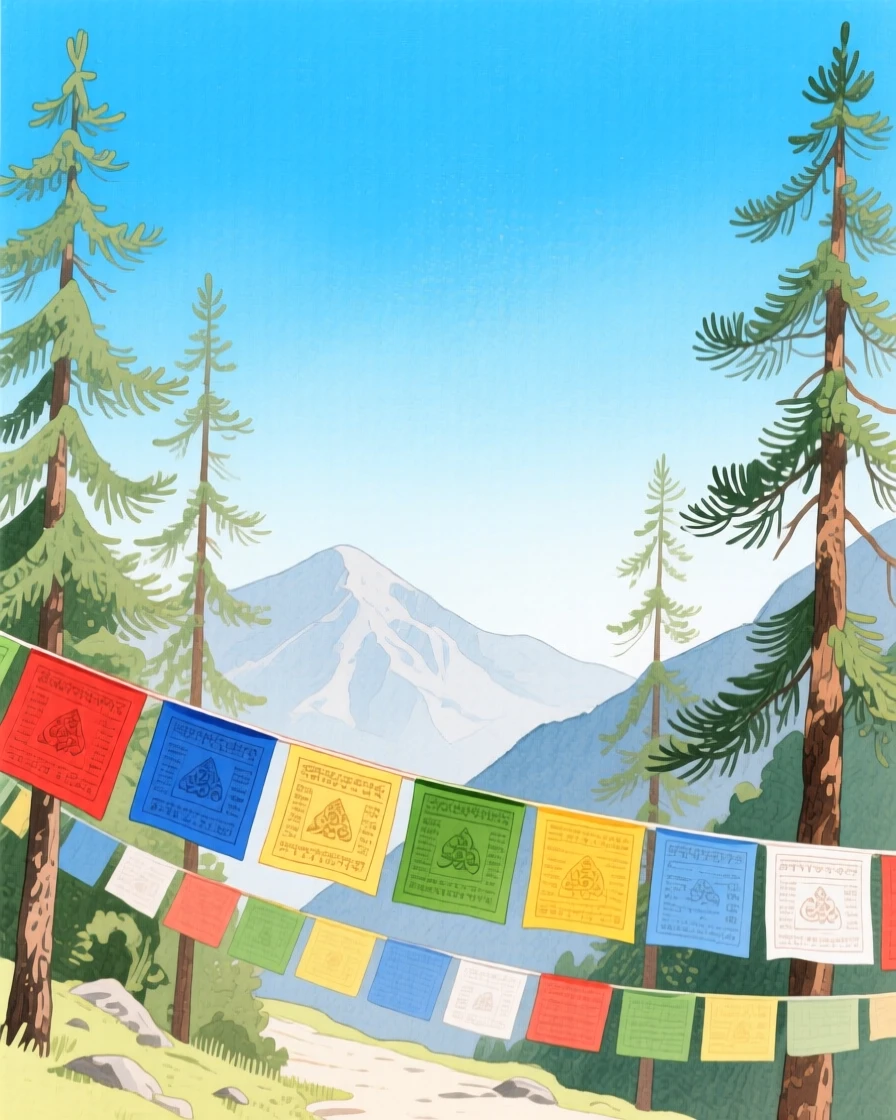 A row of prayer flags flutters between pine trees on a mountain pass beneath a clear blue sky