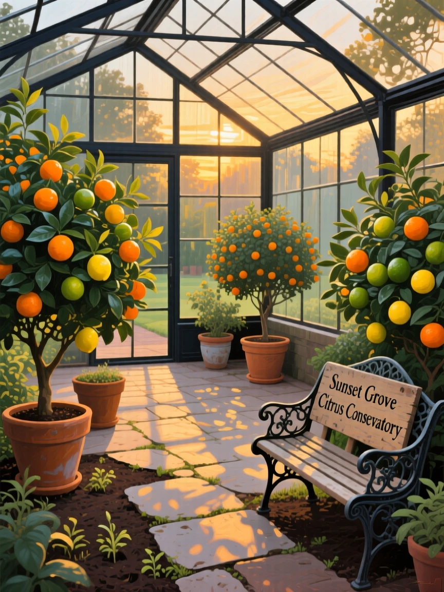 a greenhouse filled with potted citrus trees, in the last light before evening, with a balanced, spacious view of the surroundings.