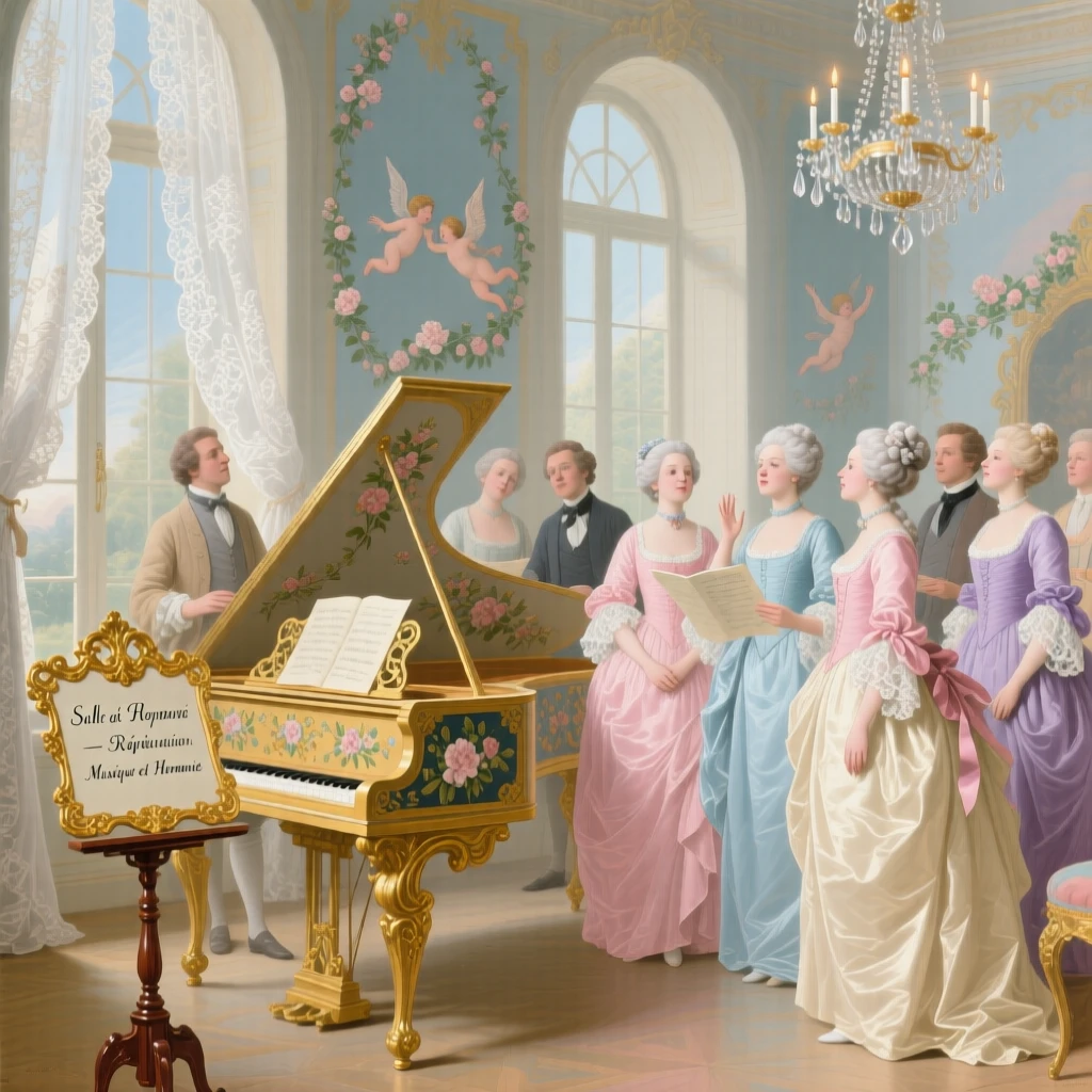 A music rehearsal room where singers gather around a harpsichord  