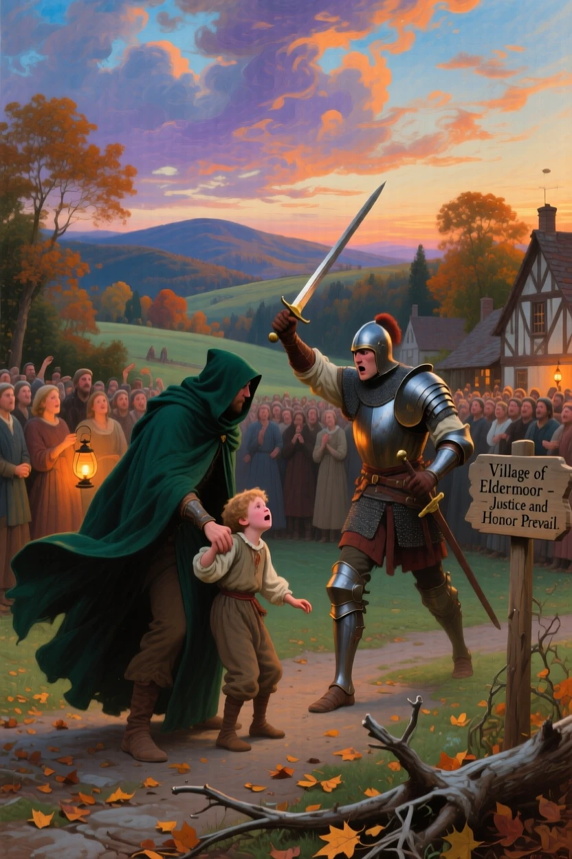 A hooded protector rescues a child from a duel against a rival champion as the village watches in awe.