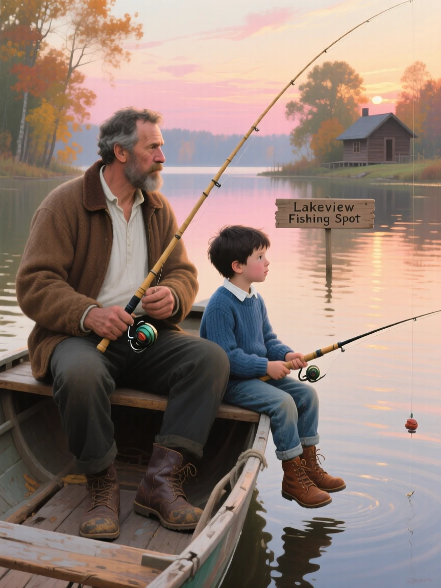A father and son fishing together in comfortable silence at sunrise, their clothing and posture reflecting their personality and background, designed to resonate emotionally with viewers of any background