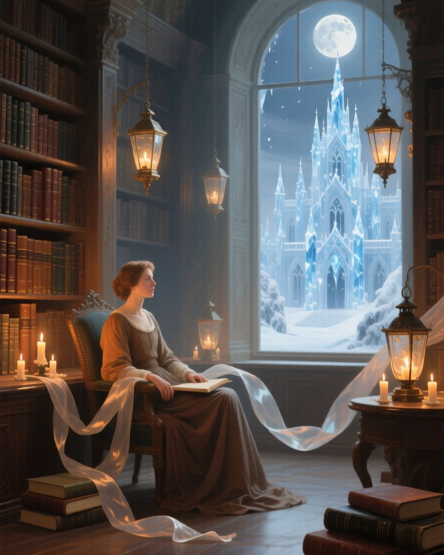 The Snow Queen's palace glittering with ice beneath a pale moon at the exact moment magic and reality intertwine, set within a cozy library filled with worn, beloved books, with lanterns swaying gently and silk ribbons catching the breeze; soft vignetting draws focus to the storyteller at the scene's heart, filled with romance, imagination, and quiet drama.