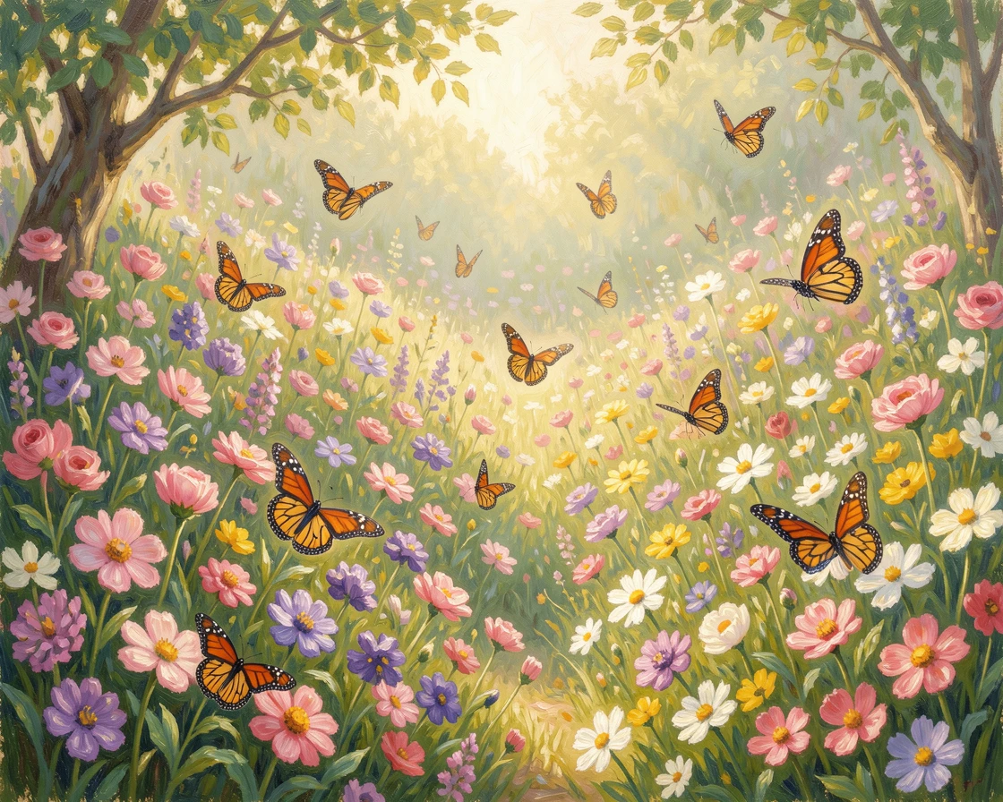A butterfly garden bursting with color, dozens of monarchs and swallowtails drifting among wildflowers.