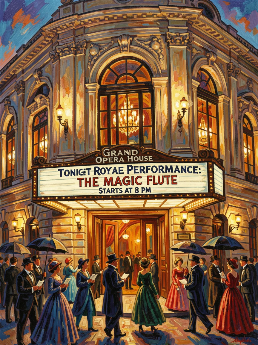 A grand old opera house facade lit warmly as patrons arrive for an evening performance.