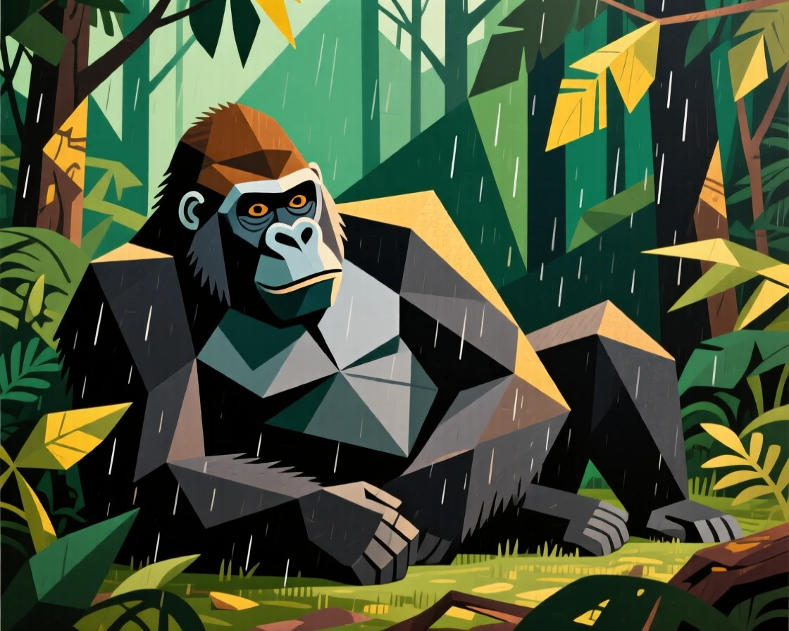A mountain gorilla resting peacefully in a lush rainforest clearing.