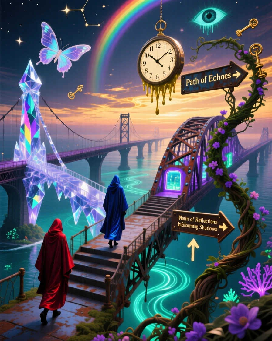 A bridge that splits into three separate versions of itself repeats itself endlessly in every direction, while echoes of footsteps arrive before they are taken.