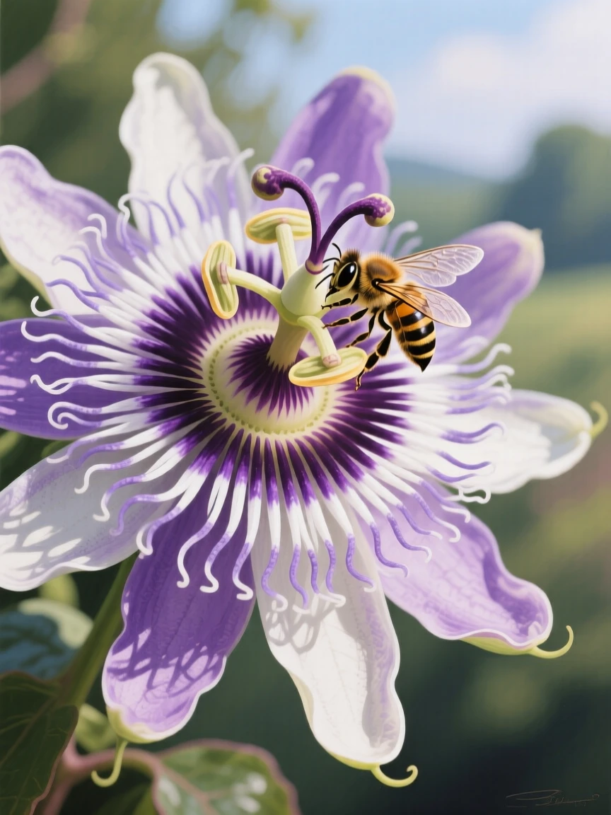 A close-up of a passionflower reveals its intricate purple and white fringed petals radiating outward like a delicate crown, a bee investigating its center, the whole scene holding a quiet, unhurried stillness broken only by distant natural sounds.