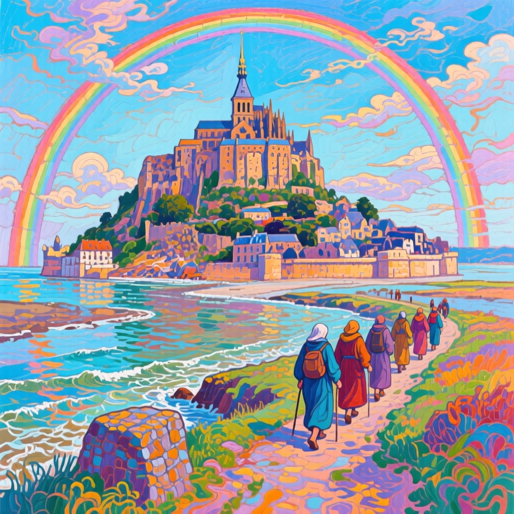 Mont Saint-Michel surrounded by rising tidal waters, under a rare double rainbow, a small group of pilgrims making their way along an ancient path