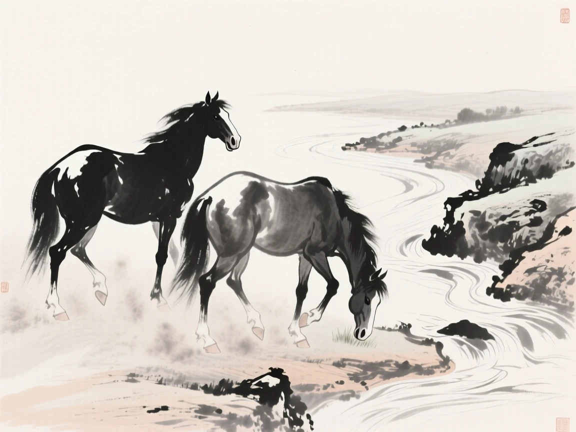 Two horses graze peacefully beside a mountain stream, as dust rises around their hooves.