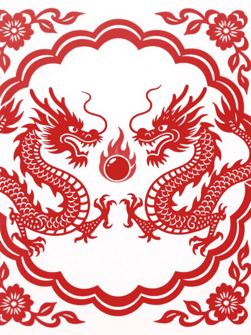 A design of a scalloped border design featuring paired dragons chasing a flaming pearl, framed by delicate scrollwork on every edge.