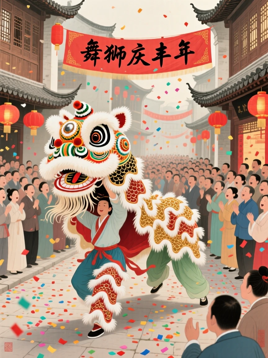 A lion dance performance in a crowded street filled with confetti