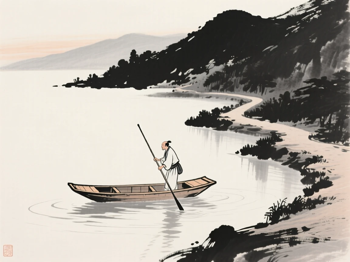 A boatman poling a small boat across still water along a quiet mountain trail, composed with soft light falling across the scene, conveying quiet devotion and simple contentment.