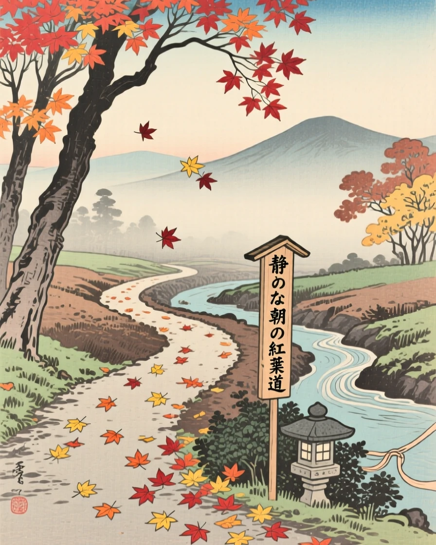 Drifting maple leaves along a quiet path in the stillness of early morning.