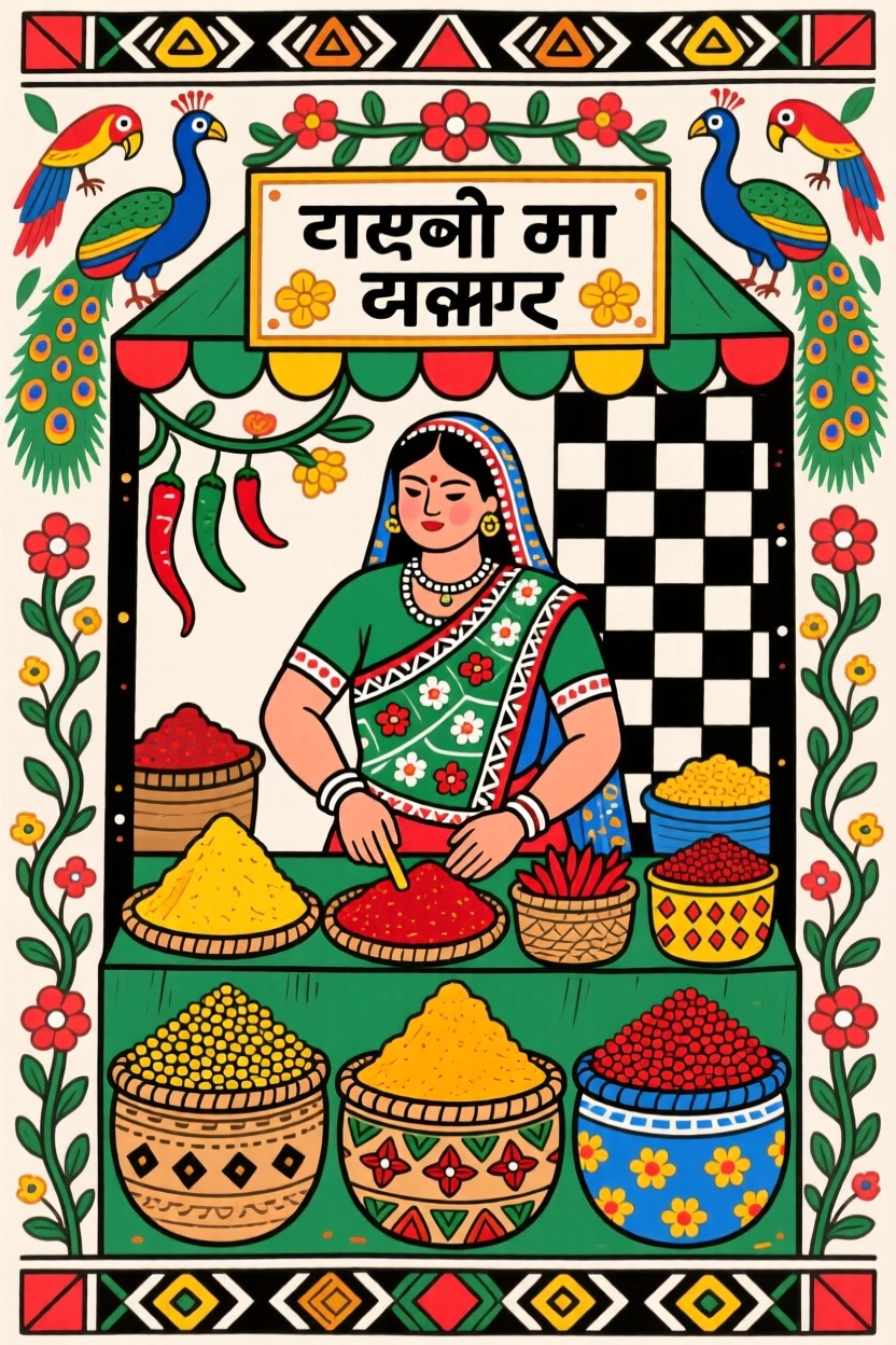 A spice vendor arranging colorful mounds of turmeric and chili.
