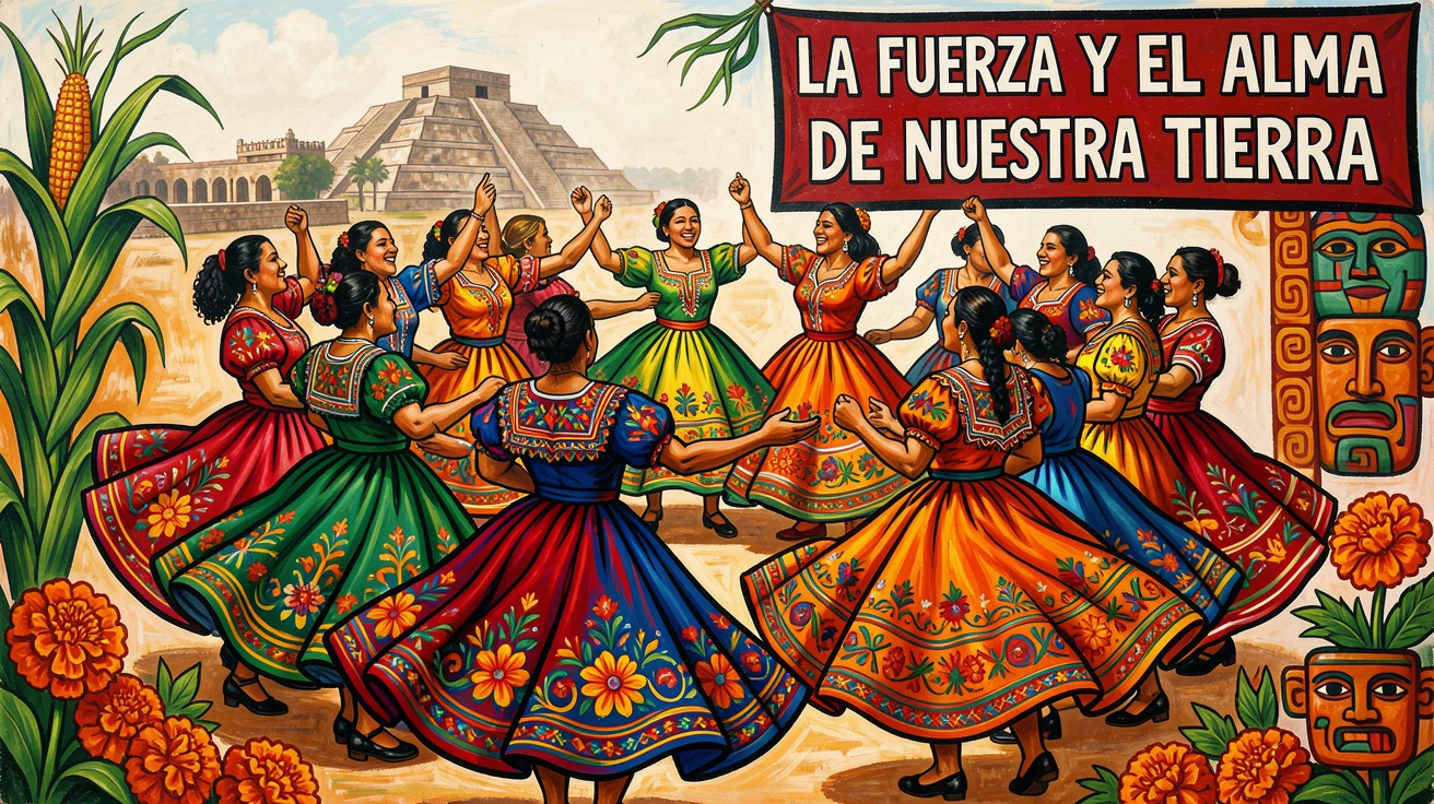 A group of women in embroidered dresses dancing in a circle