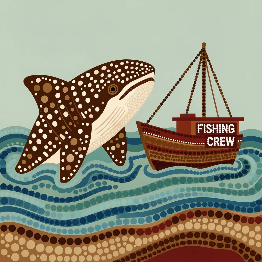 A whale shark surfacing beside a fishing boat
