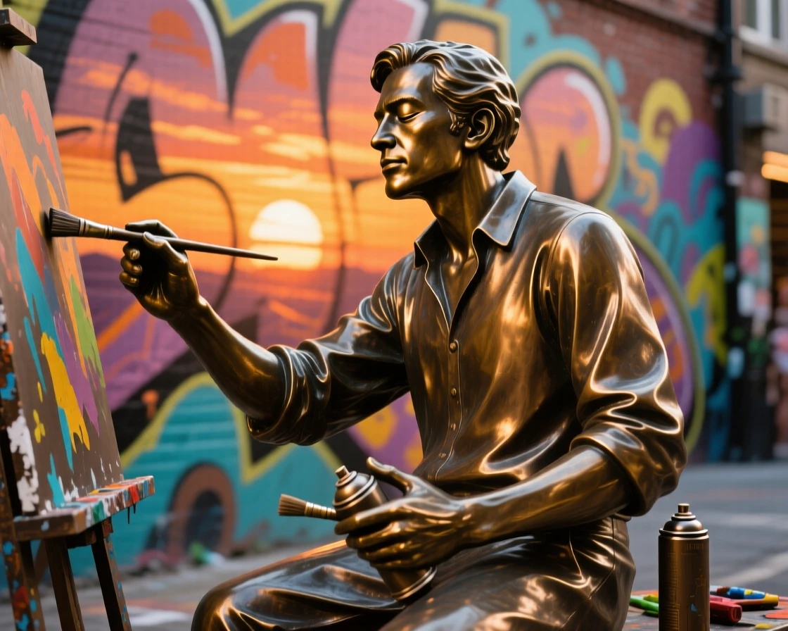 A street artist completing a vivid mural at sunset, with eyes closed in peaceful serenity, forming a strong central focal point