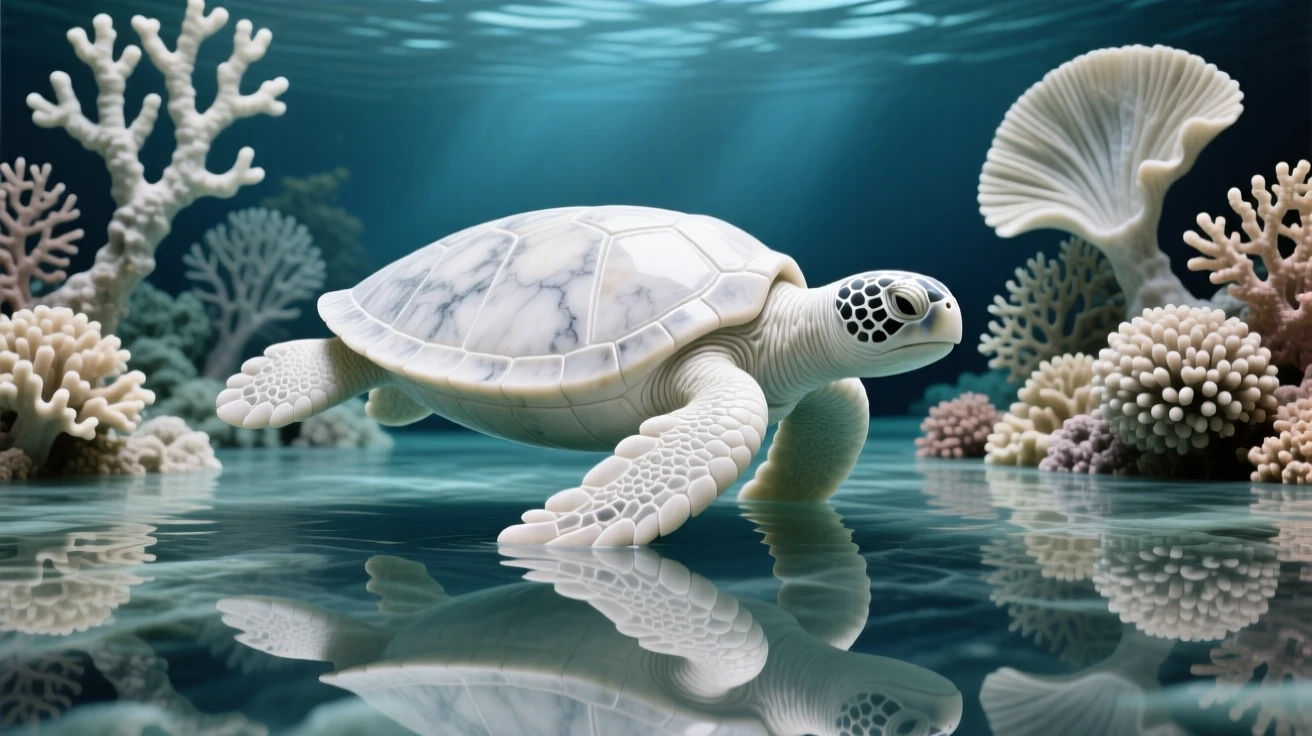 A sea turtle gliding through coral reefs captured in a powerful, dignified pose reflected in still, glassy water