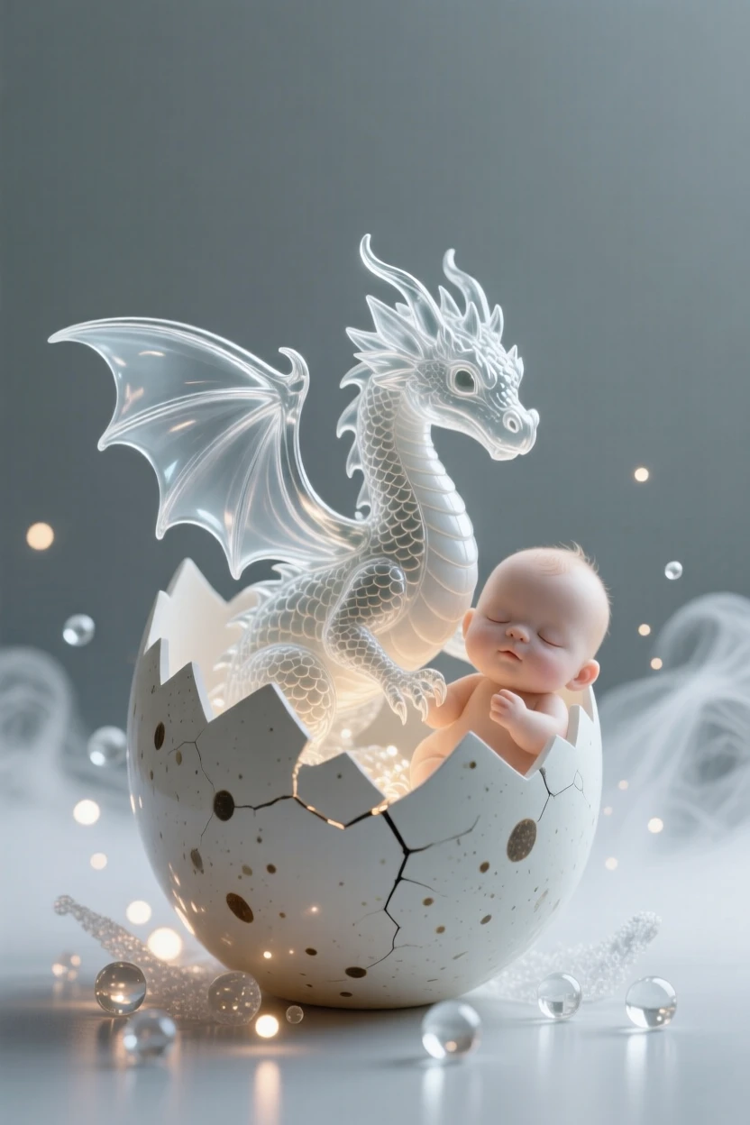 A baby dragon hatching from a speckled egg surrounded by softly glowing particles and gentle mist, wide cinematic composition, radiating magic and serenity.