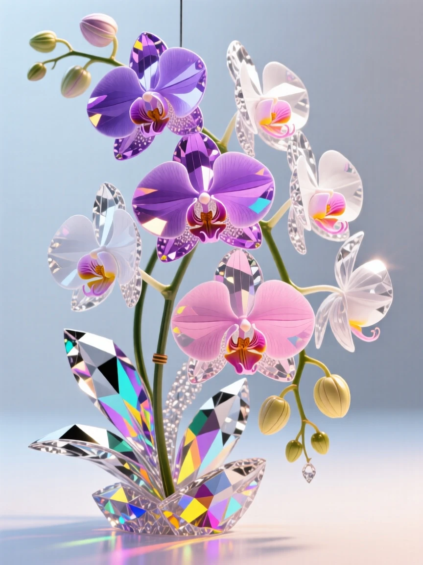 A cascading display of orchids in a tropical botanical greenhouse.