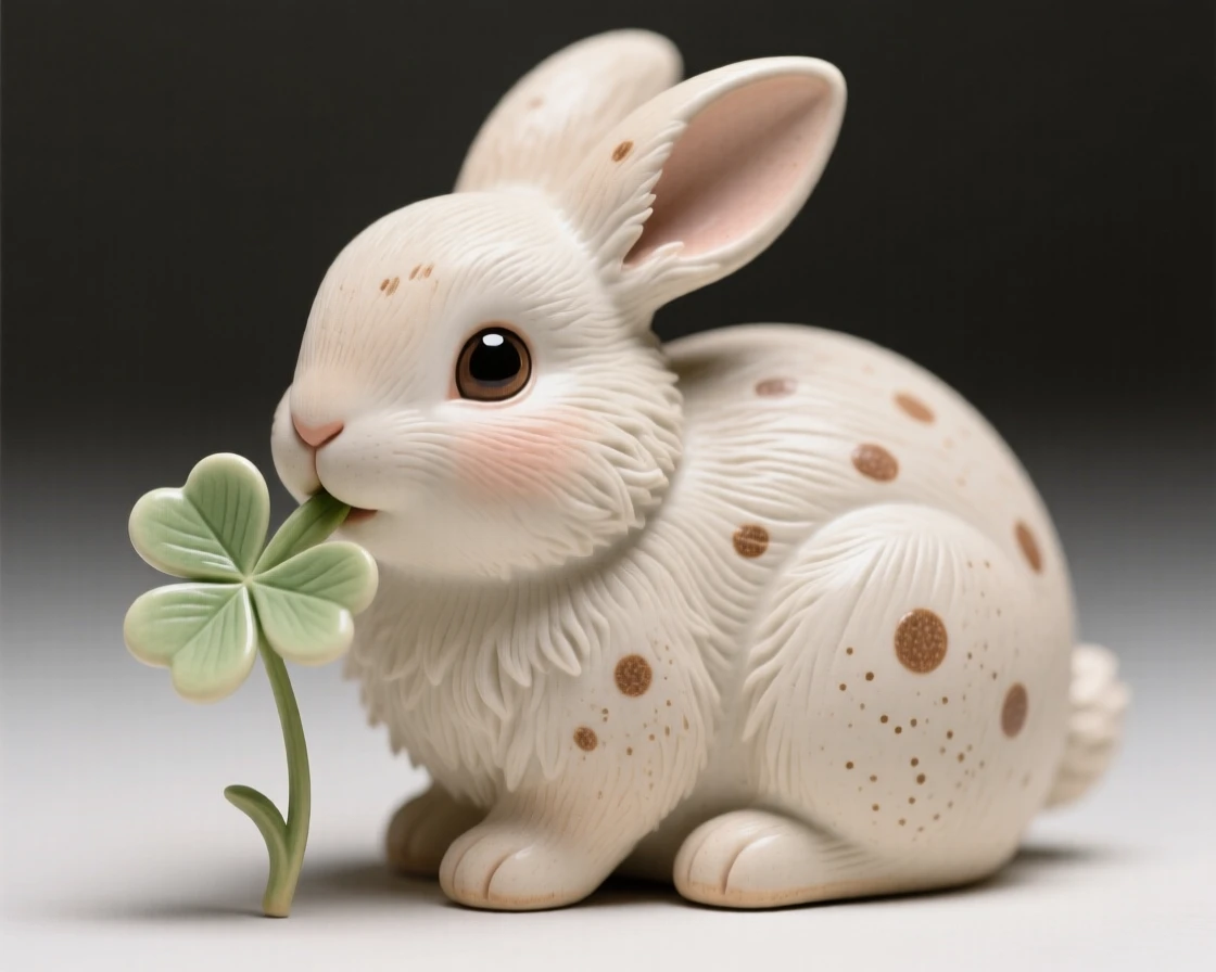 A fluffy baby bunny nibbling a clover leaf frozen in a moment of pure innocent charm, dotted with tiny, delicate freckled markings, stirring an overwhelming urge to smile.